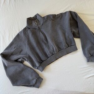 Washed Grey Cropped Quarter Zip Sweatshirt